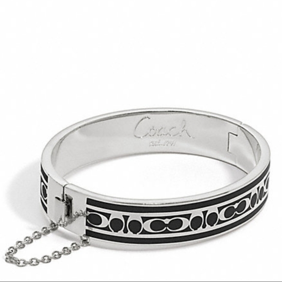 Coach Bangle Bracelet Signature C Hinge Heavy Black Silver Oval Safety Chain NWT - Picture 14 of 14
